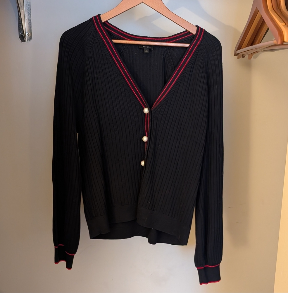 Talbots Navy and Red Nautical Cardigan with Pearl Buttons